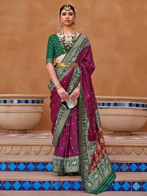 purple purple & green woven design zari silk blend saree 1
