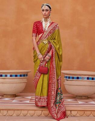 olive olive green & red woven design zari saree 1
