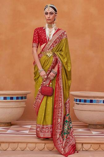 olive olive green & red woven design zari saree