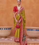 olive olive green & red woven design zari saree
