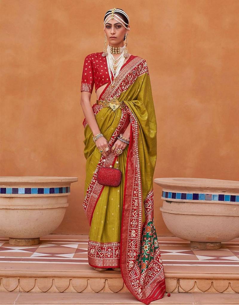 olive olive green & red woven design zari saree