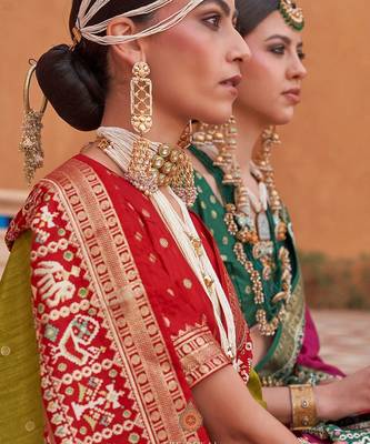 olive olive green & red woven design zari saree 2