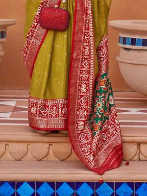 olive olive green & red woven design zari saree 3