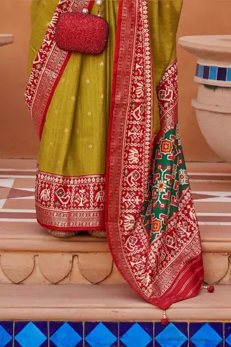 olive olive green & red woven design zari saree