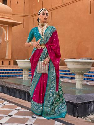 pink pink & blue woven design zari saree 1