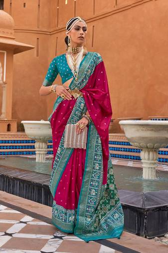 pink pink & blue woven design zari saree