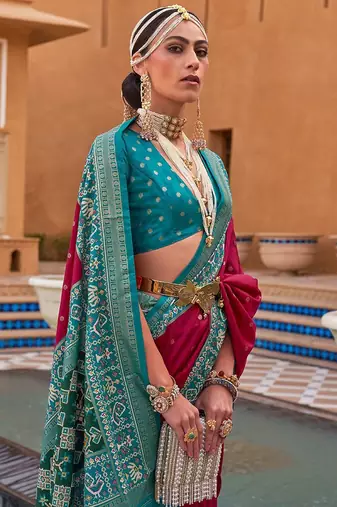 pink pink & blue woven design zari saree