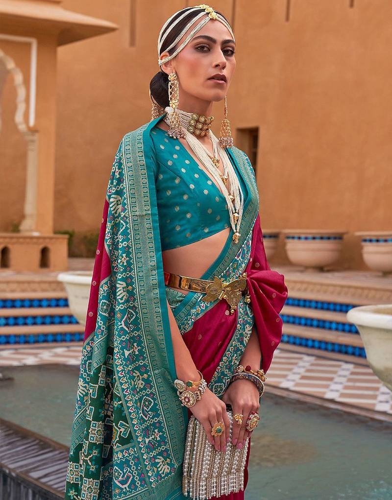 pink pink & blue woven design zari saree