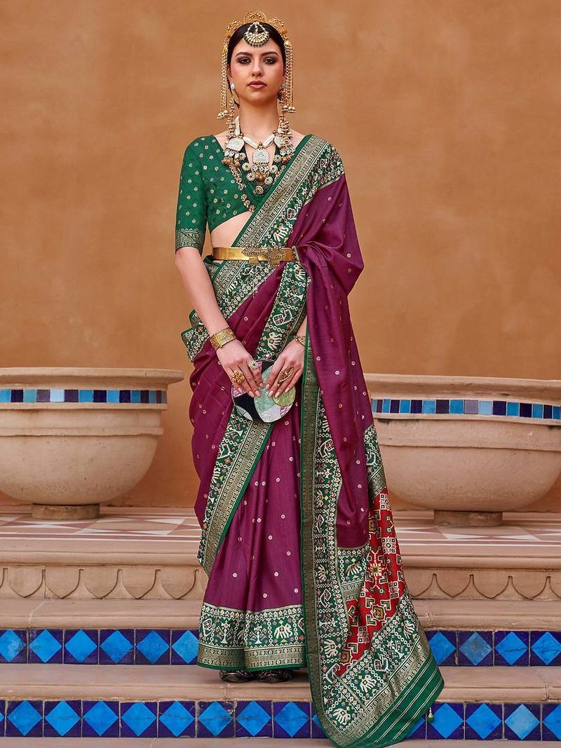 purple purple & green woven design zari saree