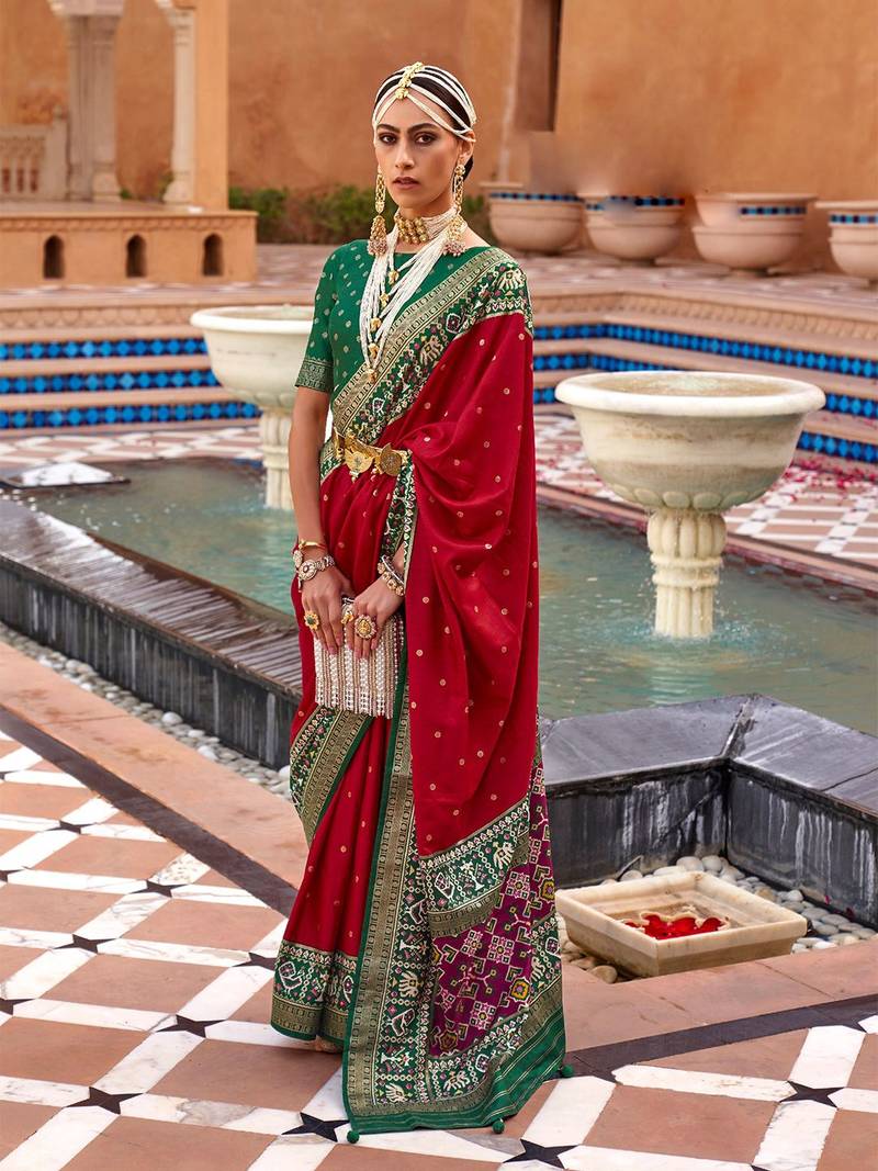 red red & green ethnic motifs woven design zari saree