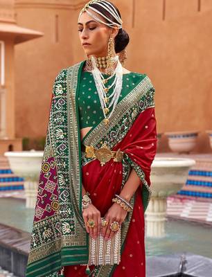 red red & green ethnic motifs woven design zari saree 2
