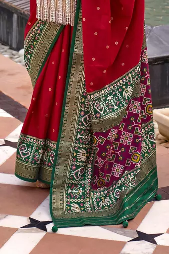 red red & green ethnic motifs woven design zari saree