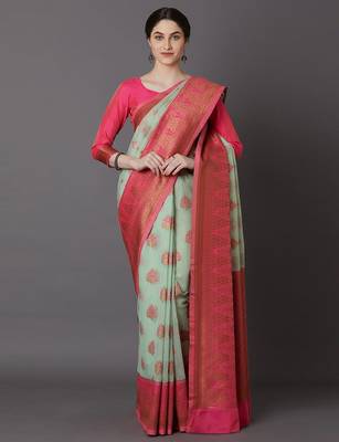 sea_green sea green & pink silk blend woven design banarasi saree 1