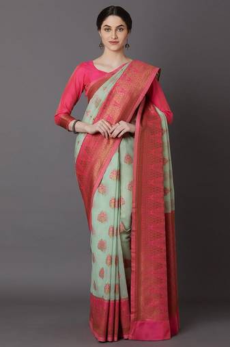 sea_green sea green & pink silk blend woven design banarasi saree
