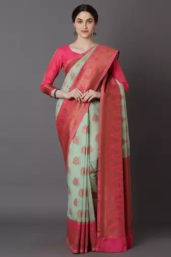 sea_green sea green & pink silk blend woven design banarasi saree