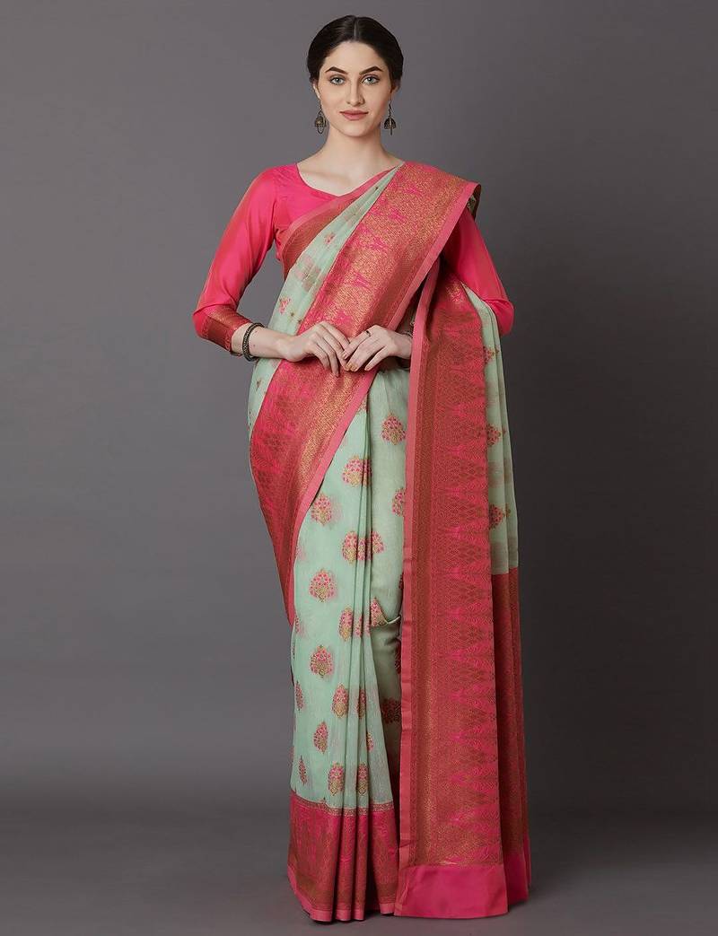 sea_green sea green & pink silk blend woven design banarasi saree