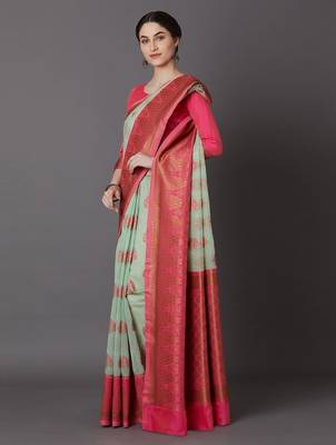 sea_green sea green & pink silk blend woven design banarasi saree 3