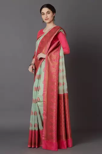 sea_green sea green & pink silk blend woven design banarasi saree