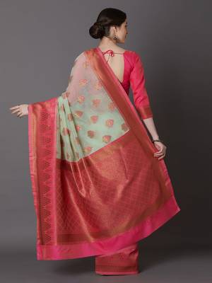 sea_green sea green & pink silk blend woven design banarasi saree 4