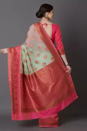 sea_green sea green & pink silk blend woven design banarasi saree