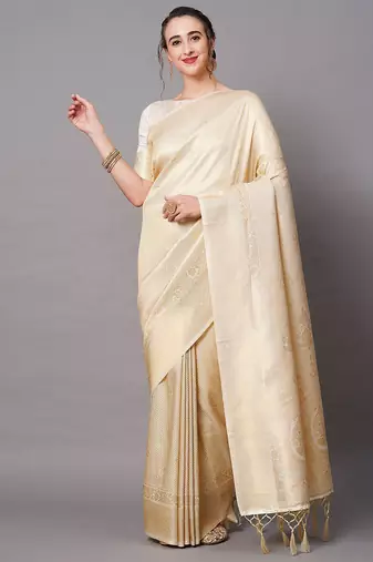 beige beige & gold-toned woven design zari silk blend banarasi saree