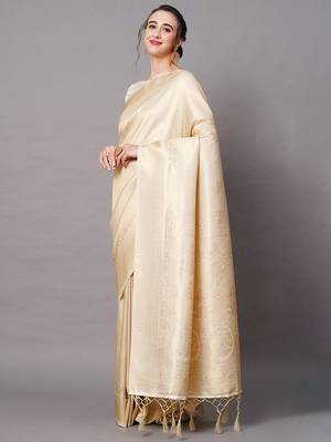 beige beige & gold-toned woven design zari silk blend banarasi saree 2