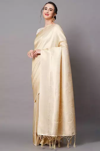 beige beige & gold-toned woven design zari silk blend banarasi saree