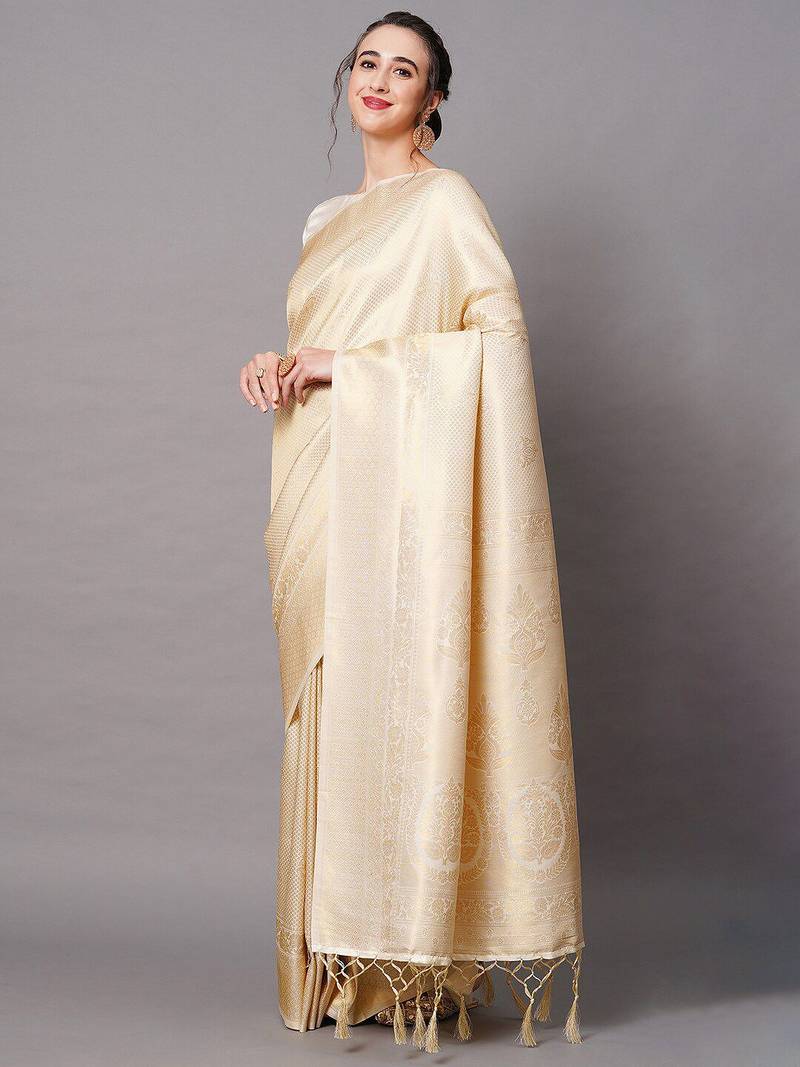 beige beige & gold-toned woven design zari silk blend banarasi saree