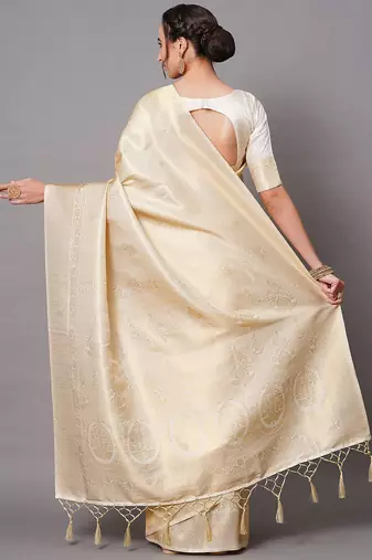 beige beige & gold-toned woven design zari silk blend banarasi saree