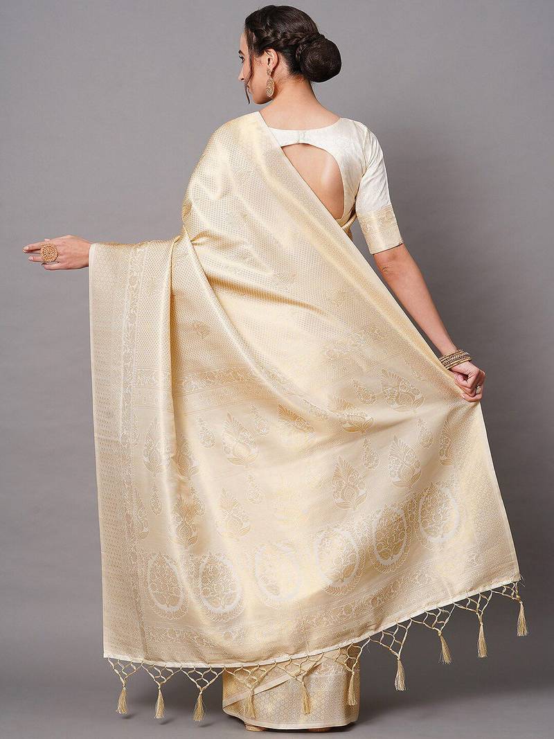 beige beige & gold-toned woven design zari silk blend banarasi saree