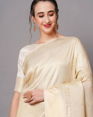beige beige & gold-toned woven design zari silk blend banarasi saree 4