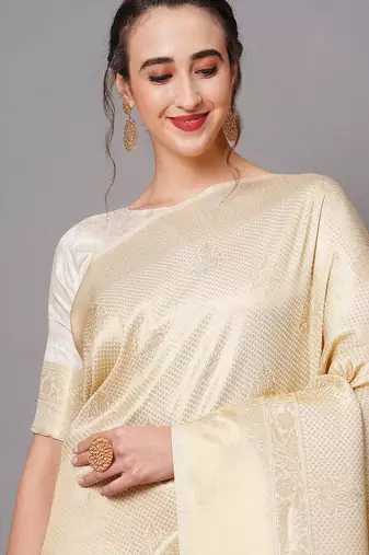 beige beige & gold-toned woven design zari silk blend banarasi saree