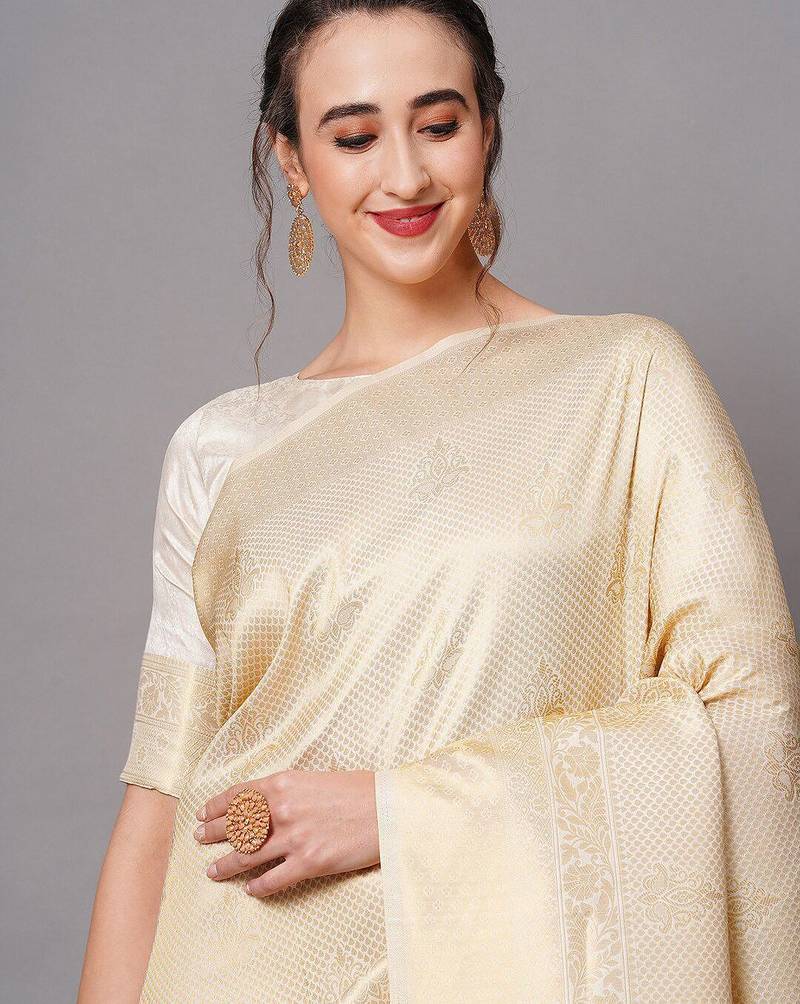 beige beige & gold-toned woven design zari silk blend banarasi saree