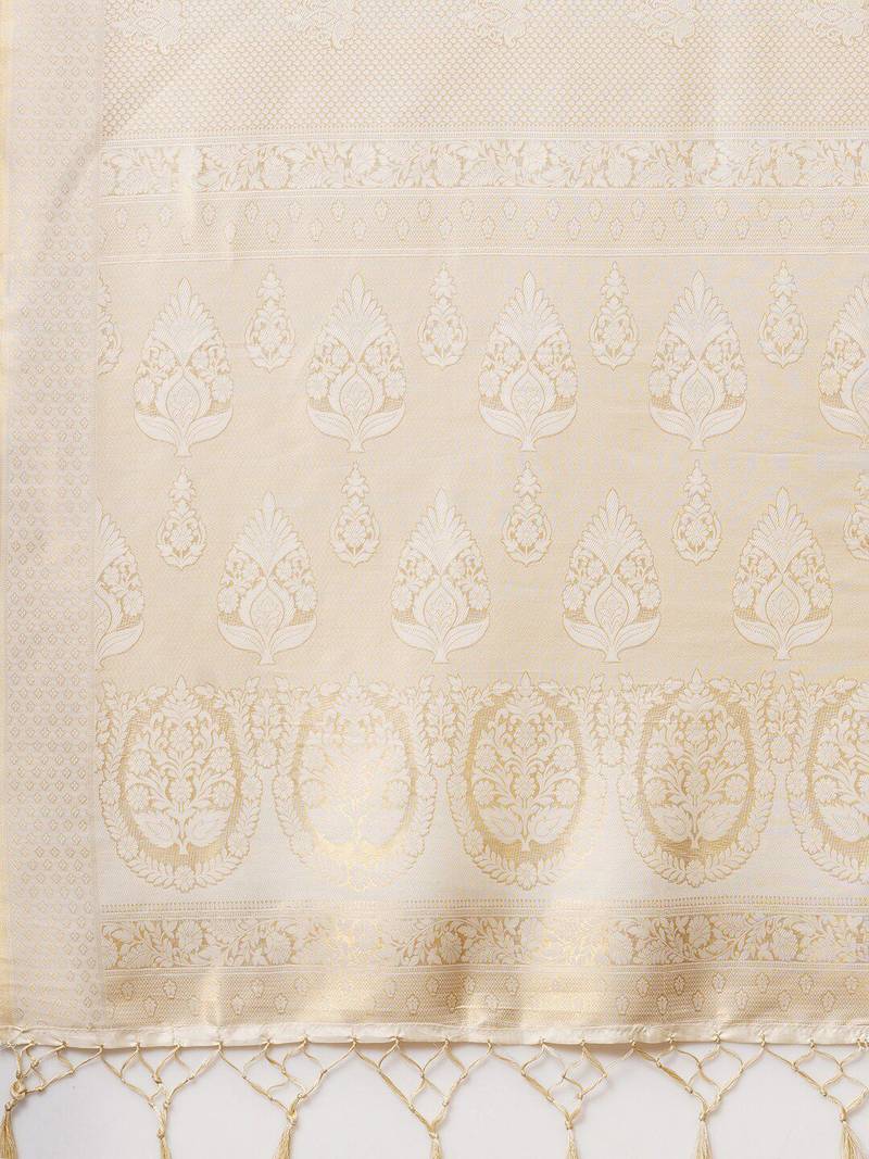 beige beige & gold-toned woven design zari silk blend banarasi saree