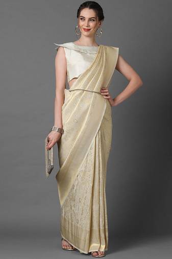 cream cream-coloured & gold-toned woven design silk blend banarasi saree