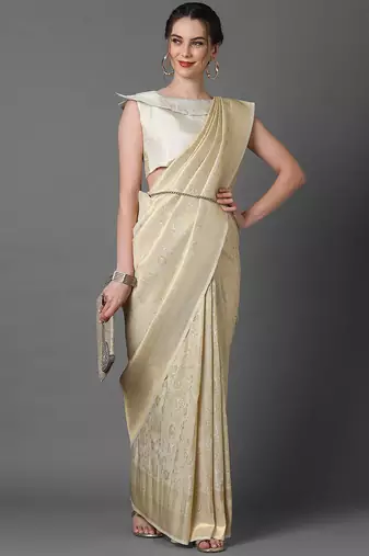 cream cream-coloured & gold-toned woven design silk blend banarasi saree