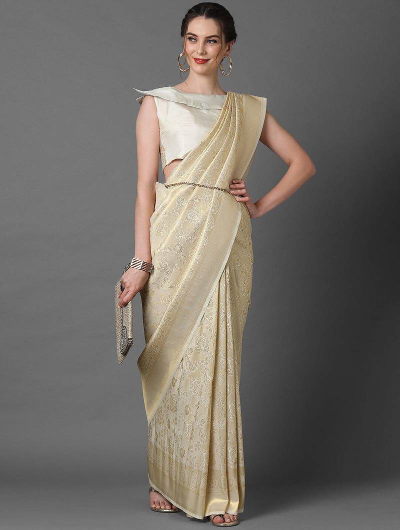 cream cream-coloured & gold-toned woven design silk blend banarasi saree