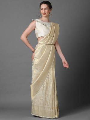 cream cream-coloured & gold-toned woven design silk blend banarasi saree 2