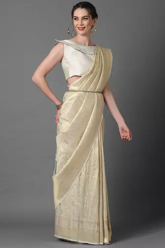 cream cream-coloured & gold-toned woven design silk blend banarasi saree