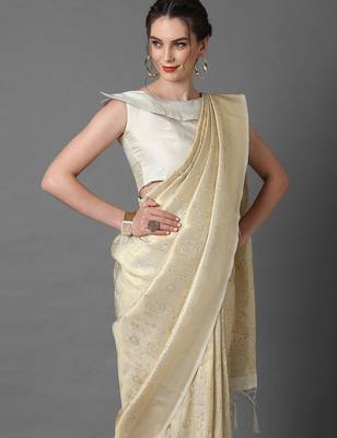 cream cream-coloured & gold-toned woven design silk blend banarasi saree 3