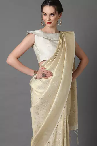 cream cream-coloured & gold-toned woven design silk blend banarasi saree