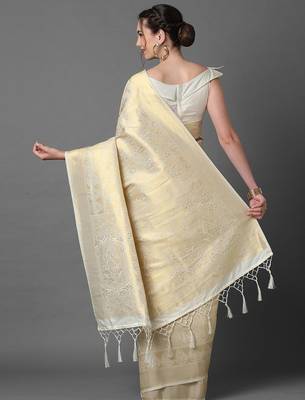cream cream-coloured & gold-toned woven design silk blend banarasi saree 4