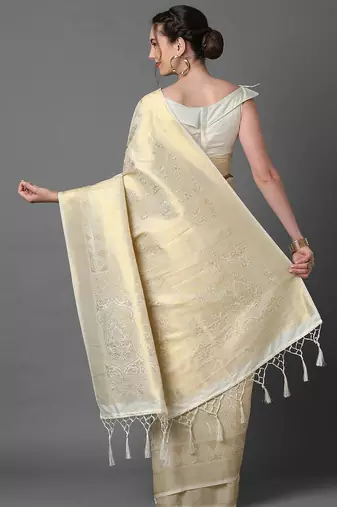 cream cream-coloured & gold-toned woven design silk blend banarasi saree