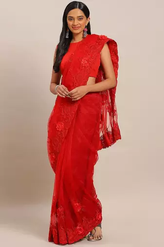 red red embellished applique floral butta work designer net saree