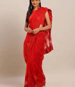red red embellished applique floral butta work designer net saree