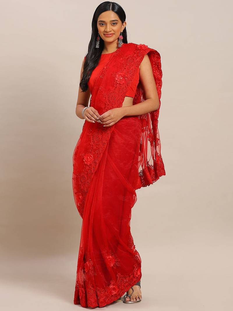 red red embellished applique floral butta work designer net saree