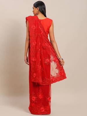red red embellished applique floral butta work designer net saree 2
