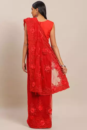 red red embellished applique floral butta work designer net saree