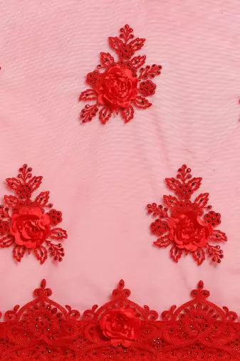 red red embellished applique floral butta work designer net saree