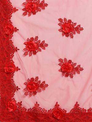 red red embellished applique floral butta work designer net saree 4